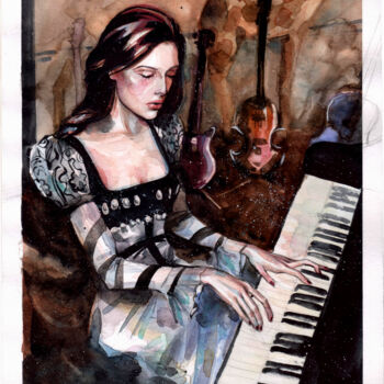 Painting titled "Piano practice" by Leyla Zhunus, Original Artwork, Watercolor
