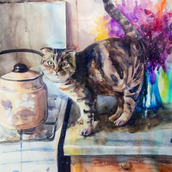 Painting titled "Breakfast with a Cat" by Leyla Zhunus, Original Artwork, Watercolor