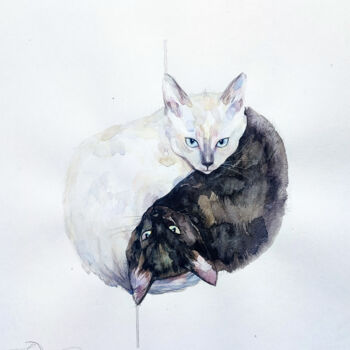 Schilderij getiteld "White paws, black e…" door Leyla Zhunus, Origineel Kunstwerk, Aquarel