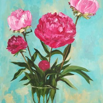 Painting titled "pink peonies bouque…" by Leyla Demir, Original Artwork, Oil Mounted on Wood Stretcher frame