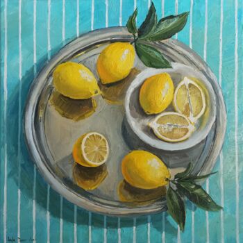Painting titled "Lemon on turquoise…" by Leyla Demir, Original Artwork, Oil Mounted on Wood Stretcher frame