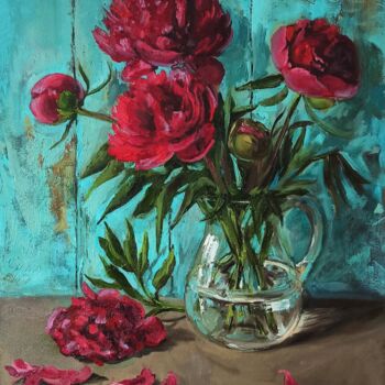 Painting titled "Red Peonies bouquet…" by Leyla Demir, Original Artwork, Oil Mounted on Wood Stretcher frame