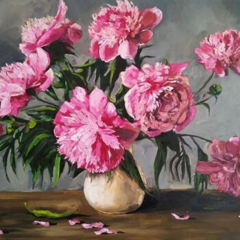 Painting titled "Pink peonies bouque…" by Leyla Demir, Original Artwork, Oil Mounted on Wood Stretcher frame