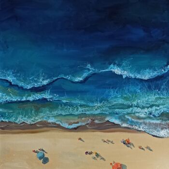 Painting titled "Top view beach and…" by Leyla Demir, Original Artwork, Oil Mounted on Wood Stretcher frame