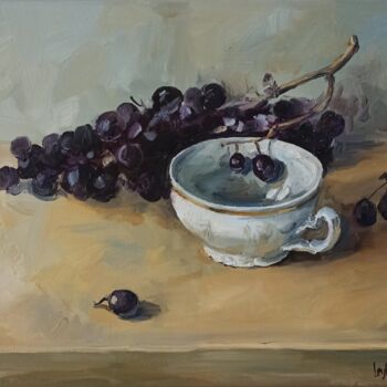 Painting titled "Bunch of Grapes fru…" by Leyla Demir, Original Artwork, Oil Mounted on Wood Stretcher frame
