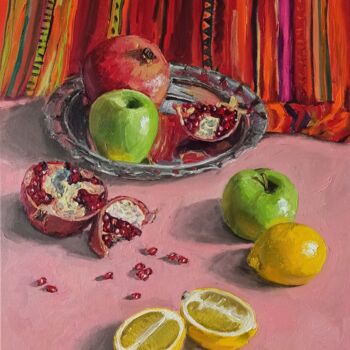 Painting titled "Apple and pomegrana…" by Leyla Demir, Original Artwork, Oil Mounted on Wood Stretcher frame
