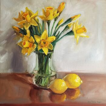 Malarstwo zatytułowany „Narcissus flower oi…” autorstwa Leyla Demir, Oryginalna praca, Olej Zamontowany na Drewniana rama no…