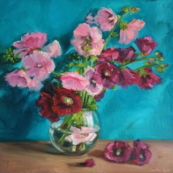 Картина под названием "Hollyhocks pink Mal…" - Leyla Demir, Подлинное произведение искусства, Масло Установлен на Деревянная…