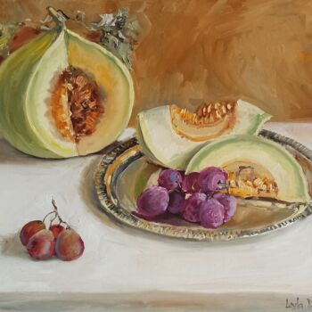 Painting titled "Melon fruit oil pai…" by Leyla Demir, Original Artwork, Oil Mounted on Wood Stretcher frame