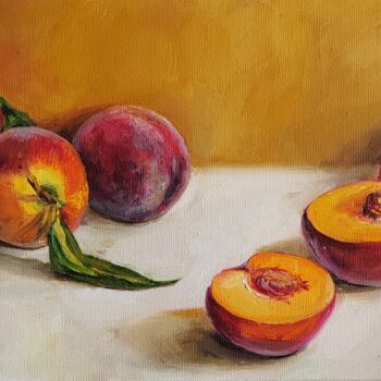 Painting titled "Peaches on table wi…" by Leyla Demir, Original Artwork, Oil Mounted on Wood Stretcher frame