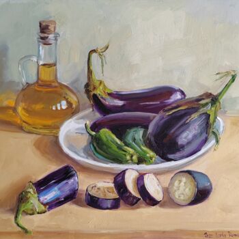 Painting titled "Blue Eggplant Veget…" by Leyla Demir, Original Artwork, Oil Mounted on Wood Stretcher frame