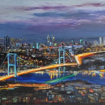 Painting titled "Istanbul at night" by Leyla Demir, Original Artwork, Oil Mounted on Wood Stretcher frame