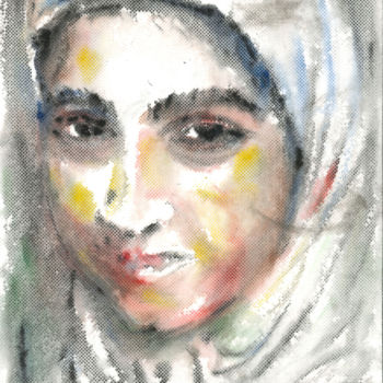 Rysunek zatytułowany „GIRL IN A WHITE SCA…” autorstwa Karakhan, Oryginalna praca, Akwarela
