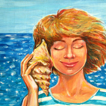 Painting titled "A girl listens to a…" by Galina Lyutaeva, Original Artwork, Acrylic