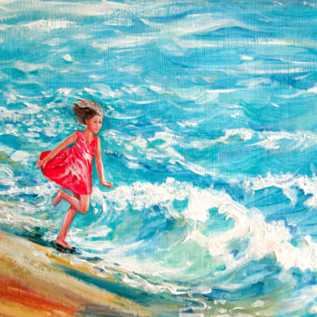 Peinture intitulée "Seascape and a girl…" par Galina Lyutaeva, Œuvre d'art originale, Acrylique