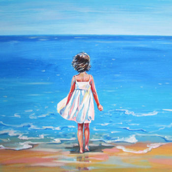 Malarstwo zatytułowany „Seascape and a girl…” autorstwa Galina Lyutaeva, Oryginalna praca, Akryl Zamontowany na Drewniana ra…