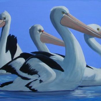 Peinture intitulée "four pelicans" par Bernard L'Hostis, Œuvre d'art originale