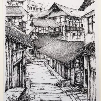 Pintura titulada "福宝古镇" por Li Han Lin, Obra de arte original, Tinta