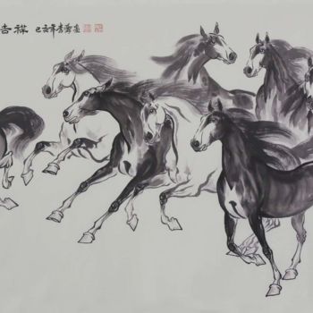 Peinture intitulée "李霖 第一组九幅作品 04：天马吉祥" par Lin Li Li Lin, Œuvre d'art originale, Encre