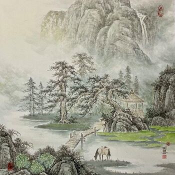 Desenho intitulada "中国画四季山水系列：春" por Li Ming, Obras de arte originais, Pigmentos