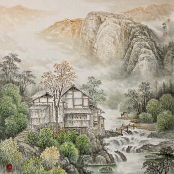 Dibujo titulada "中国画四季山水系列：夏" por Li Ming, Obra de arte original, Pigmentos