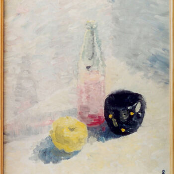 Painting titled "Still life with yel…" by Lia Chechelashvili, Original Artwork, Oil Mounted on Wood Stretcher frame
