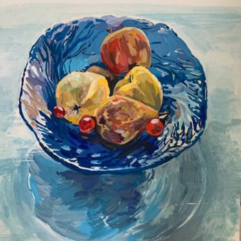 Malarstwo zatytułowany „Fruits and blue vase” autorstwa Liaisan Musina, Oryginalna praca, Tempera
