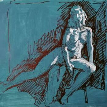 Tekening getiteld "Female Nude In Blue." door Liam Ryan, Origineel Kunstwerk, Marker