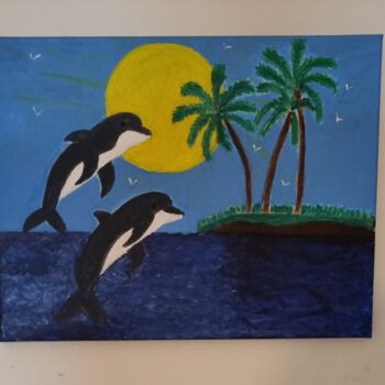 Картина под названием "Дельфины" - Liana Asadchina, Подлинное произведение искусства, Акрил Установлен на Деревянная панель