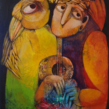 Painting titled "The musician and th…" by Liana Asatryan, Original Artwork, Oil Mounted on Wood Stretcher frame