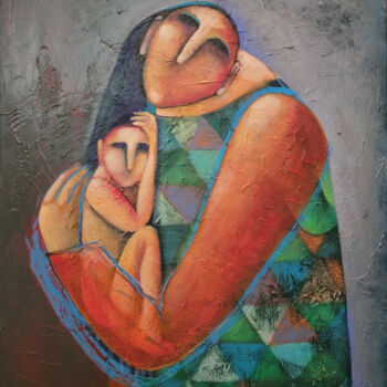 Ζωγραφική με τίτλο "MATERNAL EMBRACE" από Liana Asatryan, Αυθεντικά έργα τέχνης, Λάδι Τοποθετήθηκε στο Ξύλινο φορείο σκελετό