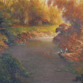 Painting titled "Village Landscape" by Lia Nursalim, Original Artwork, Oil