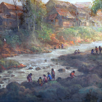 Ζωγραφική με τίτλο "River Landscape" από Lia Nursalim, Αυθεντικά έργα τέχνης, Λάδι