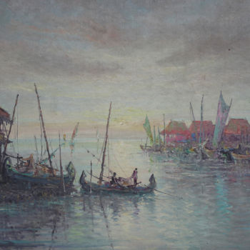 Pittura intitolato "Fishermen Port" da Lia Nursalim, Opera d'arte originale, Olio