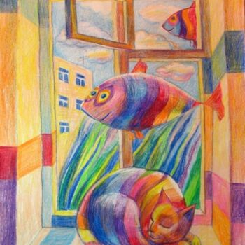 Картина под названием "Сны полосатого кота." - Liap-In-Art, Подлинное произведение искусства, Другой