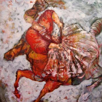 Peinture intitulée "Fille et cheval rou…" par Li Chen, Œuvre d'art originale, Huile