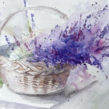 Картина под названием "Basket with lavender" - Lida Khomyakova (Artelida), Подлинное произведение искусства, Акварель