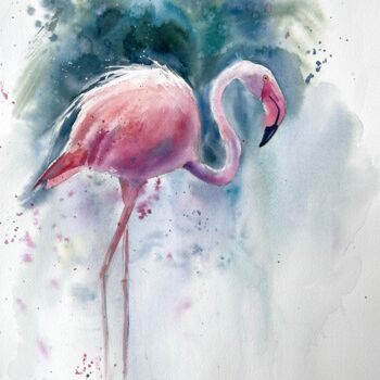 Painting titled "Flamingos" by Lida Khomyakova (Artelida), Original Artwork, Watercolor