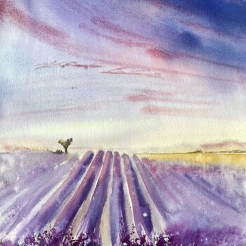 Painting titled "Blooming lavender" by Lida Khomyakova (Artelida), Original Artwork, Watercolor