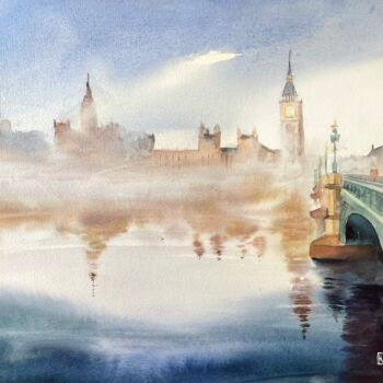 Schilderij getiteld "Foggy London" door Lida Khomyakova (Artelida), Origineel Kunstwerk, Aquarel