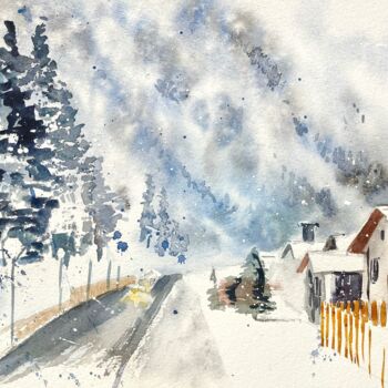 Malerei mit dem Titel "Snow in Leukerbad" von Lida Khomyakova (Artelida), Original-Kunstwerk, Aquarell