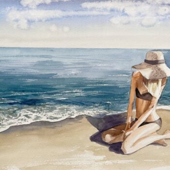 Картина под названием "Girl on the beach" - Lida Khomyakova (Artelida), Подлинное произведение искусства, Акварель