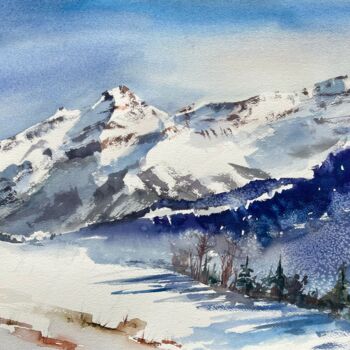 Pintura titulada "Swiss Alps.  Winter" por Lida Khomyakova (Artelida), Obra de arte original, Acuarela