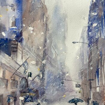 Painting titled "Snowstorm in New Yo…" by Lida Khomyakova (Artelida), Original Artwork, Watercolor