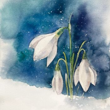 Painting titled "Snowdrops" by Lida Khomyakova (Artelida), Original Artwork, Watercolor
