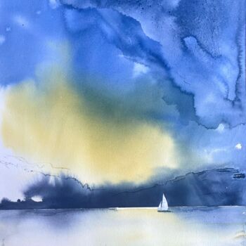 Malerei mit dem Titel "Sunset on the lake" von Lida Khomyakova (Artelida), Original-Kunstwerk, Aquarell