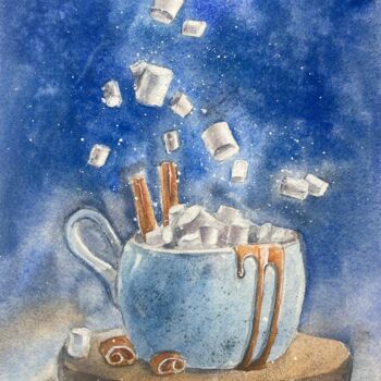 Painting titled "Winter. Coffee." by Lida Khomyakova (Artelida), Original Artwork, Watercolor