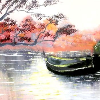 「Закат на реке」というタイトルの絵画 Артем Гаценкоによって, オリジナルのアートワーク, アクリル ウッドストレッチャーフレームにマウント