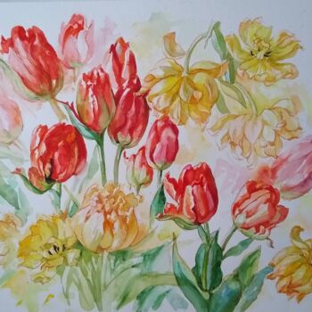 Painting titled "Tulips-1" by Lidia Epshtein, Original Artwork, Watercolor
