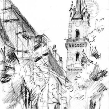 Dibujo titulada "Bistrita, l'Eglise…" por Lyria, Obra de arte original